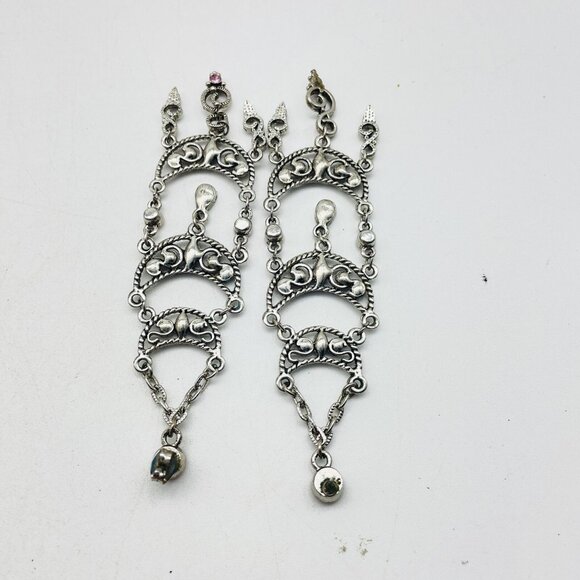 Pink Rhinestone Chandelier Earrings Silver Tone Pierced Vintage Boho Statement - Picture 3 of 6